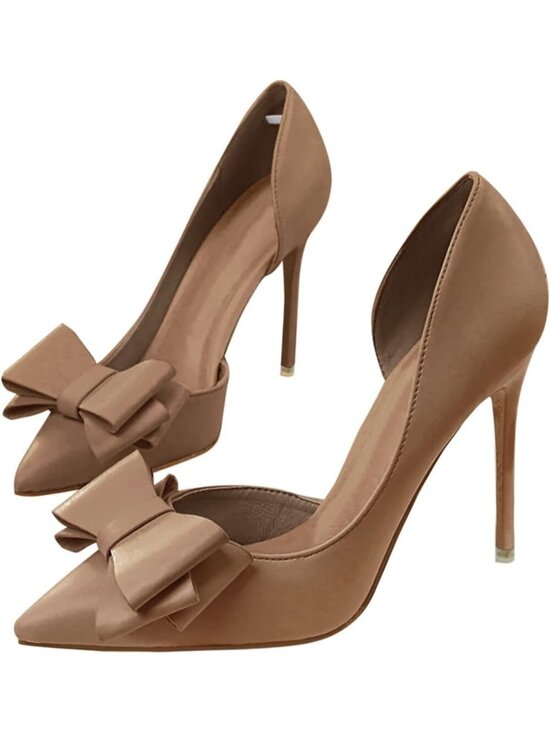 Shoes - Women's Coffee Pointed Toe Closed Stiletto Slip On Bow Imported Heels Shoes